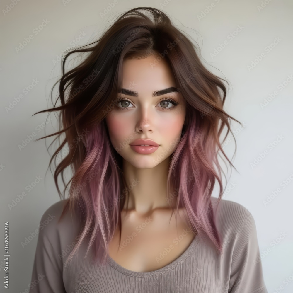 a close up of a woman with a pink hair and a sweater a close up of a woman with a pink hair and a sweater