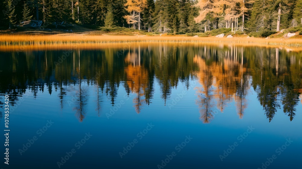 The reflection of unspoiled nature on the surface of a still lake AI generated illustration The reflection of unspoiled nature on the surface of a still lake AI generated illustration