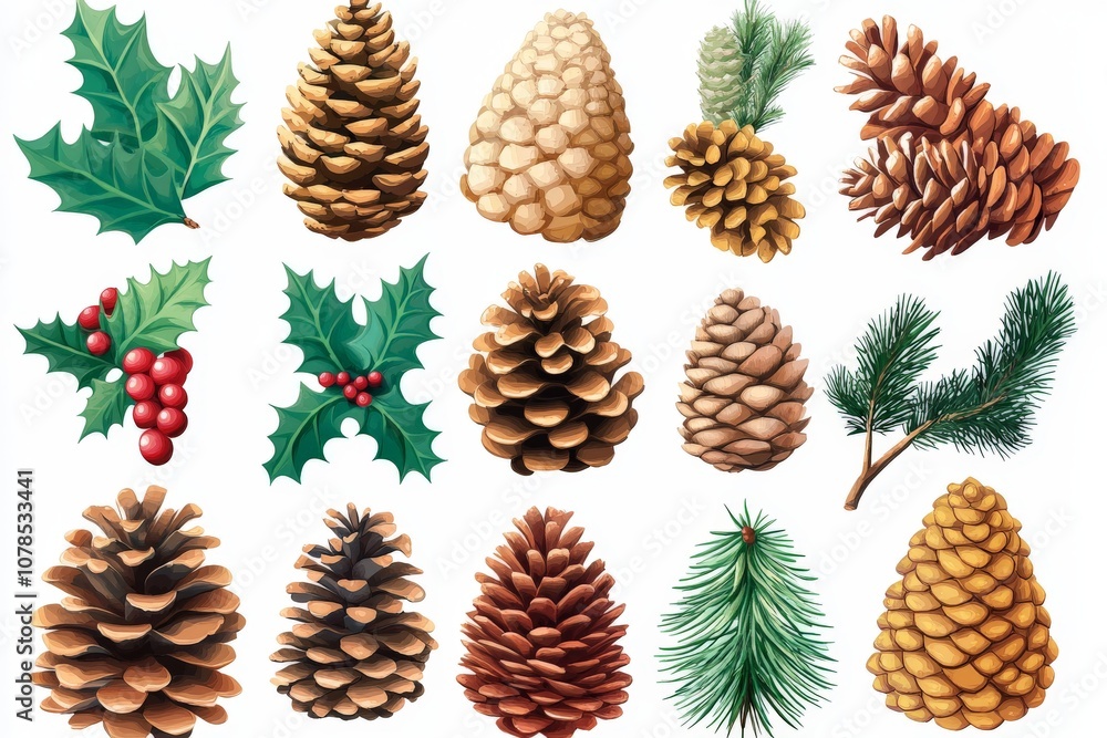 Fototapeta premium Holiday inspired botanical collection featuring pinecones holly leaves fir sprigs and berries highlighting seasonal diversity and festive styling for eco friendly designs