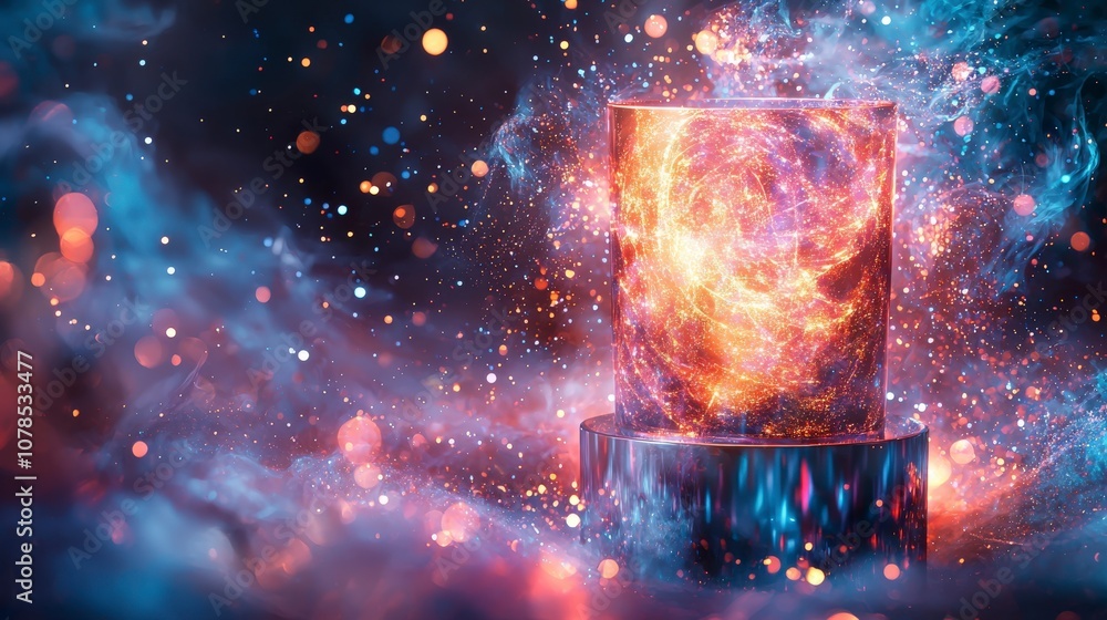 A cylindrical shape emanates cosmic energy, surrounded by a mystic aura of vibrant colors and sparkling lights, evoking a sense of wonder and imagination. A cylindrical shape emanates cosmic energy, surrounded by a mystic aura of vibrant colors and sparkling lights, evoking a sense of wonder and imagination.