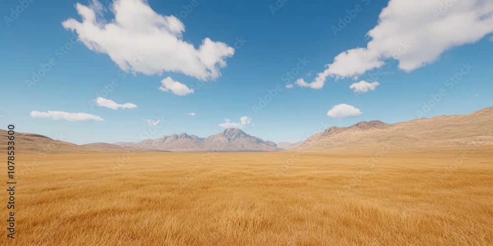 Vast golden grassland under a clear blue sky with distant mountains and fluffy clouds. Vast golden grassland under a clear blue sky with distant mountains and fluffy clouds.