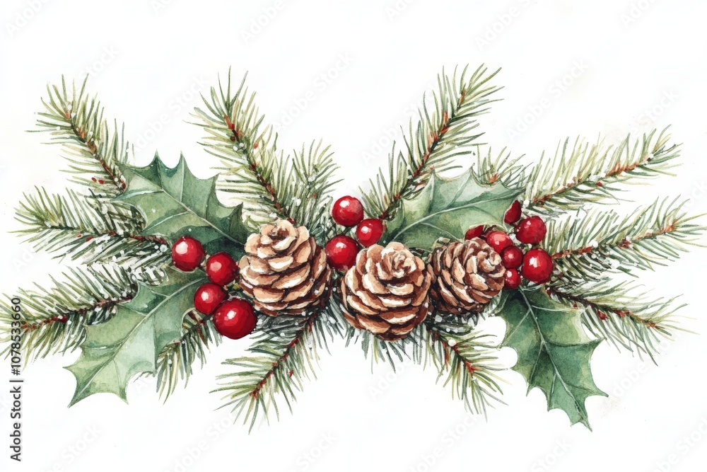 Decorative garland with pinecones red berries and fir sprigs arranged in a naturalistic design creating a festive holiday accent for interiors and seasonal decor Decorative garland with pinecones red berries and fir sprigs arranged in a naturalistic design creating a festive holiday accent for interiors and seasonal decor