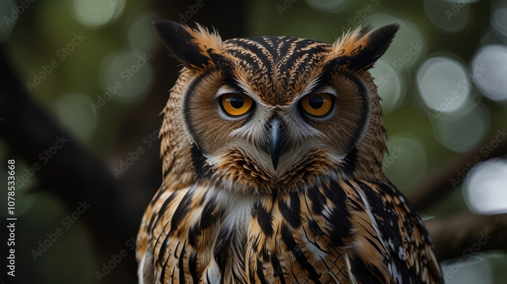 Close-up portrait of a brown and black striped owl with yellow eyes looking directly at the camera. Close-up portrait of a brown and black striped owl with yellow eyes looking directly at the camera.