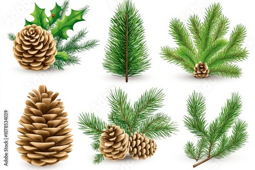 Natural elements including pinecones fir sprigs and holly leaves arranged to highlight evergreen textures and holiday charm in an eco friendly seasonal aesthetic