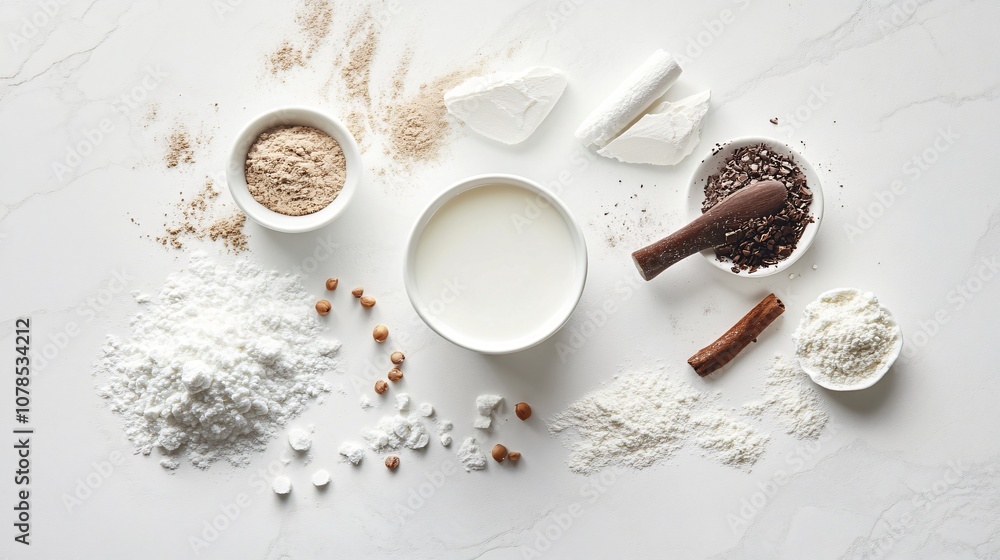 Culinary Canvas: A Flat Lay of Baking Ingredients on Marble. Milk, Flour, Sugar, Chocolate, Cinnamon, and Nuts Create a Symphony of Flavors. Culinary Canvas: A Flat Lay of Baking Ingredients on Marble. Milk, Flour, Sugar, Chocolate, Cinnamon, and Nuts Create a Symphony of Flavors.