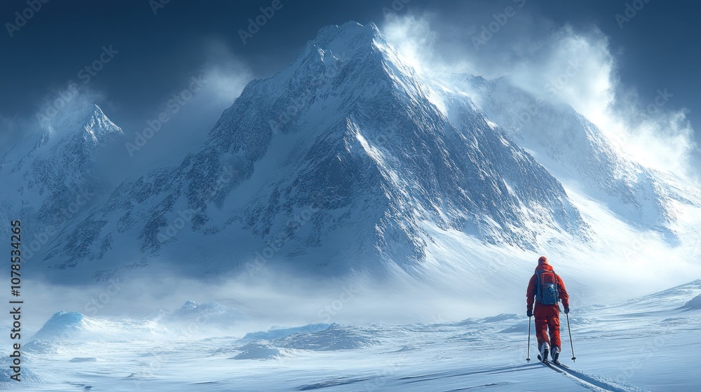 A skier navigating a snowy landscape with towering mountains. A skier navigating a snowy landscape with towering mountains.