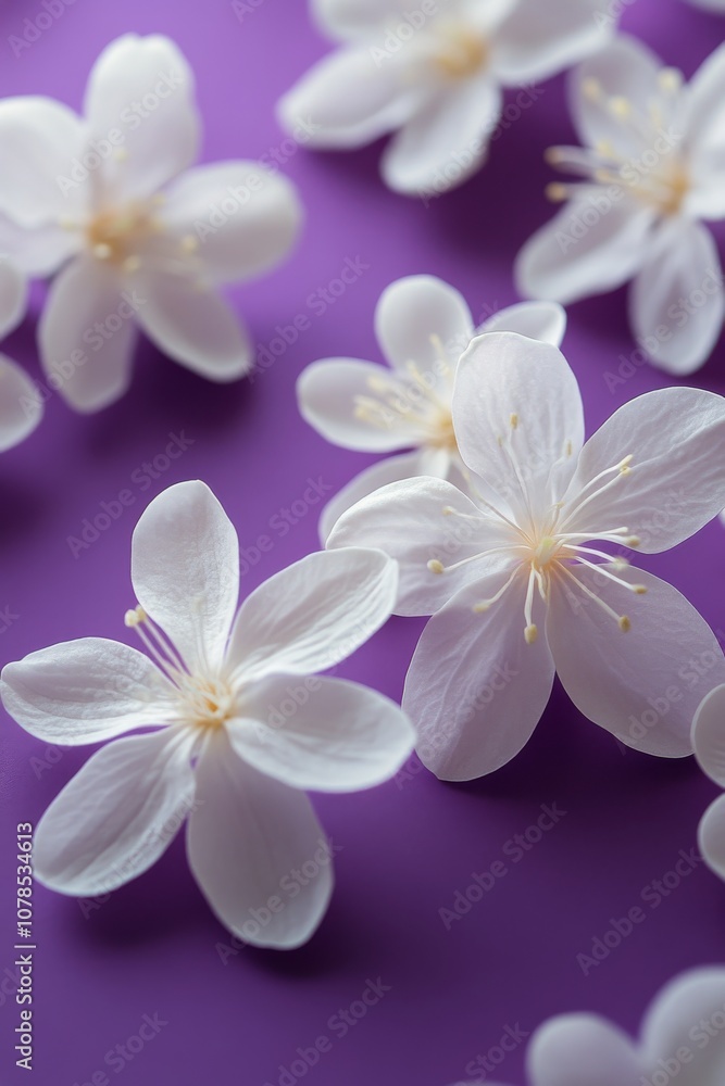 Fototapeta premium White floral arrangement on a vibrant purple background showcasing delicate petals in spring