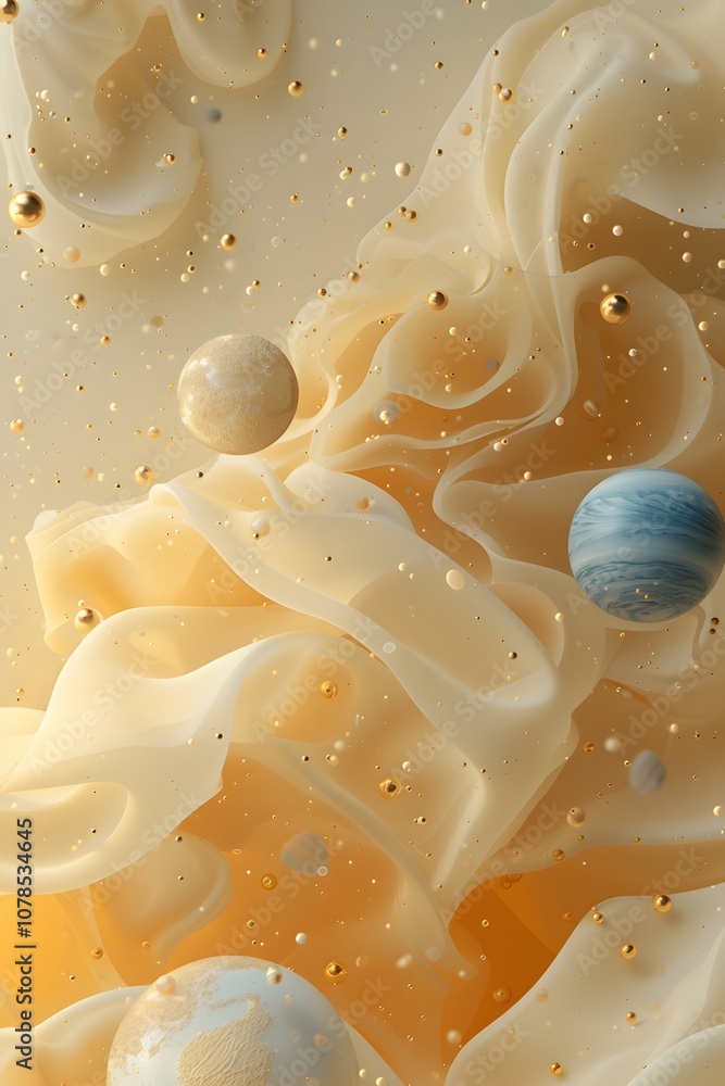 Tiny planets over a creamy abstract spacethemed background in D AI generated illustration Tiny planets over a creamy abstract spacethemed background in D AI generated illustration