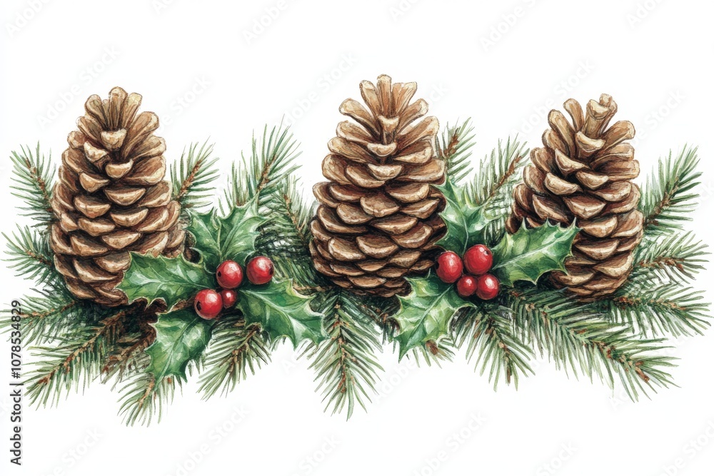 Festive arrangement of pine cones evergreen branches and red berries on a white background symbolizing winter celebrations natures beauty and seasonal crafts Festive arrangement of pine cones evergreen branches and red berries on a white background symbolizing winter celebrations natures beauty and seasonal crafts