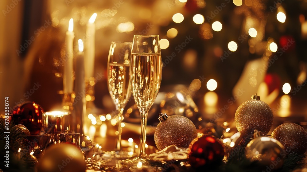 Festive New Year's Dinner Setting with Friends Laughing and Celebrating Together, Featuring Sparkling Glasses and Decorative Ornaments in Warm Lighting Festive New Year's Dinner Setting with Friends Laughing and Celebrating Together, Featuring Sparkling Glasses and Decorative Ornaments in Warm Lighting