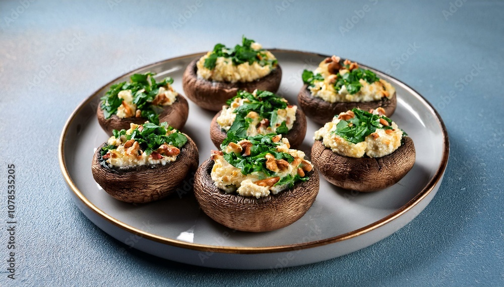 stuffed portobello mushrooms with ricotta cheese spinach and chopped nuts garnished with parsley stuffed portobello mushrooms with ricotta cheese spinach and chopped nuts garnished with parsley