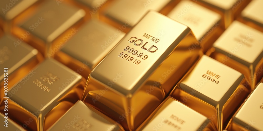 Close-up of shining gold bars arranged neatly, symbolizing wealth and investment. Close-up of shining gold bars arranged neatly, symbolizing wealth and investment.