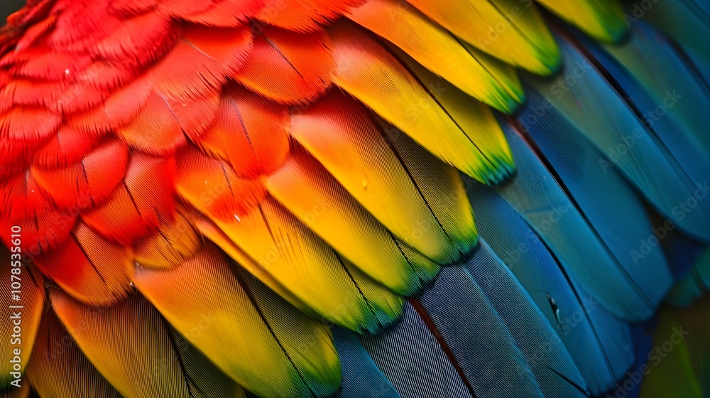 Fototapeta premium Ultracloseup image of a parrots multicolored feather AI generated illustration
