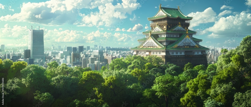 Fototapeta premium Explore the stunning gigapixel illustration of osaka japan's architectural marvels