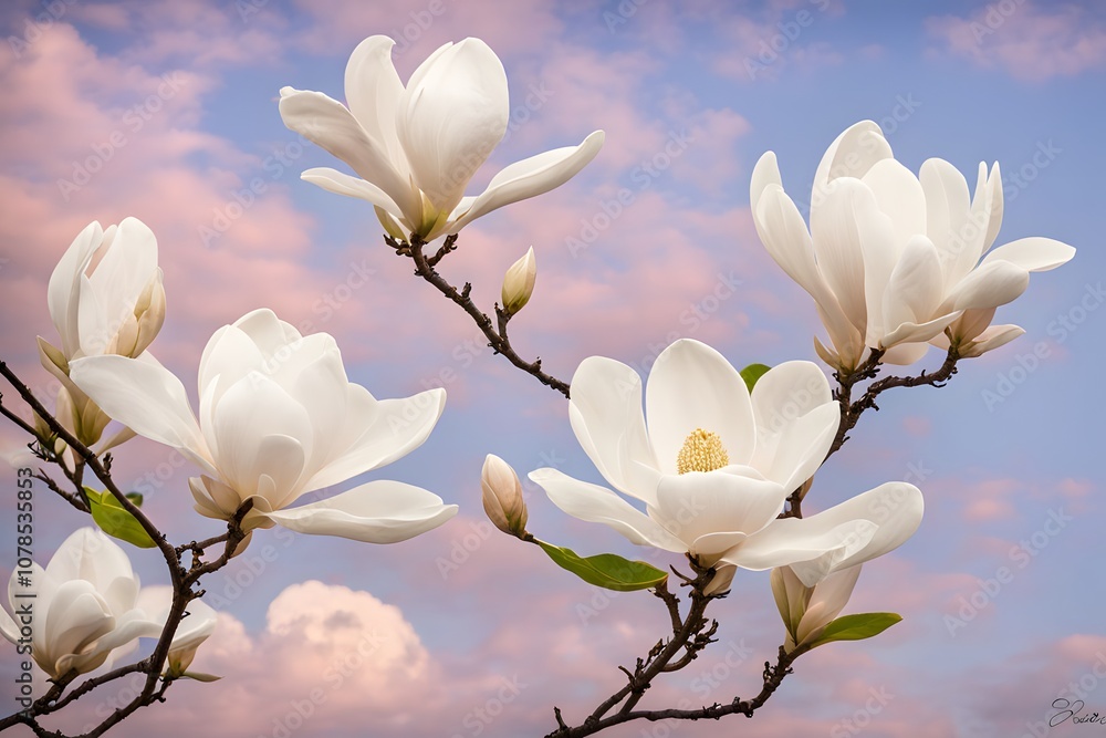 White magnolias in bloom against a soft pastel sky, Ai Generated White magnolias in bloom against a soft pastel sky, Ai Generated
