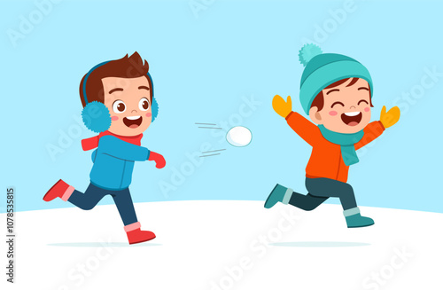 little kid play snow with friend and feel happy