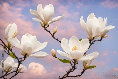 White magnolias in bloom against a soft pastel sky, Ai Generated