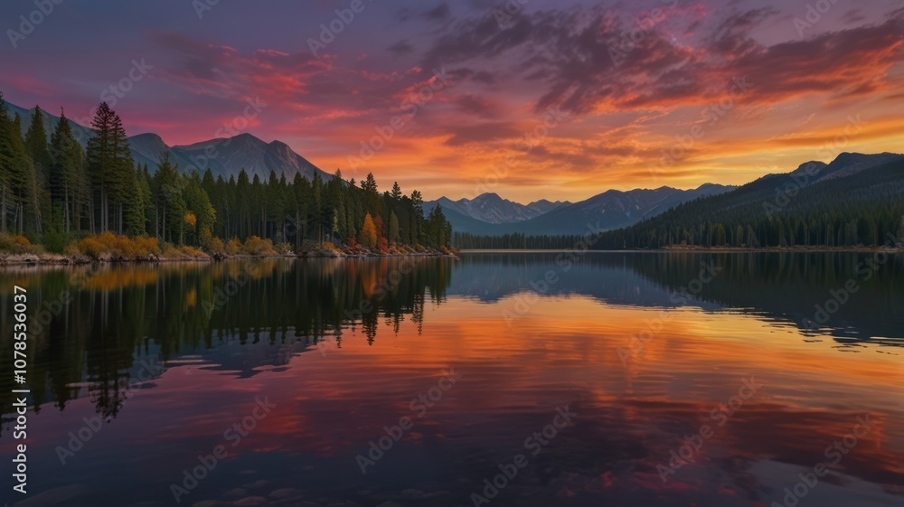 A breathtaking sunset over a still mountain lake, the sky ablaze with vibrant colors reflected in the water. A breathtaking sunset over a still mountain lake, the sky ablaze with vibrant colors reflected in the water.