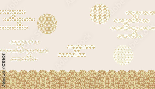 海　波のある和風背景イラスト