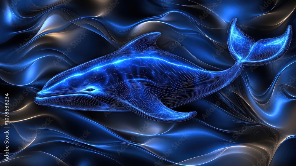 A glowing blue dolphin swims through abstract waves. A glowing blue dolphin swims through abstract waves.