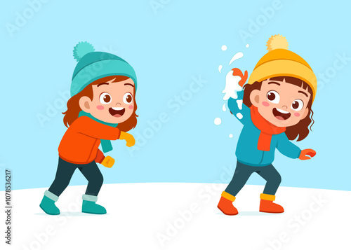 little kid play snow with friend and feel happy