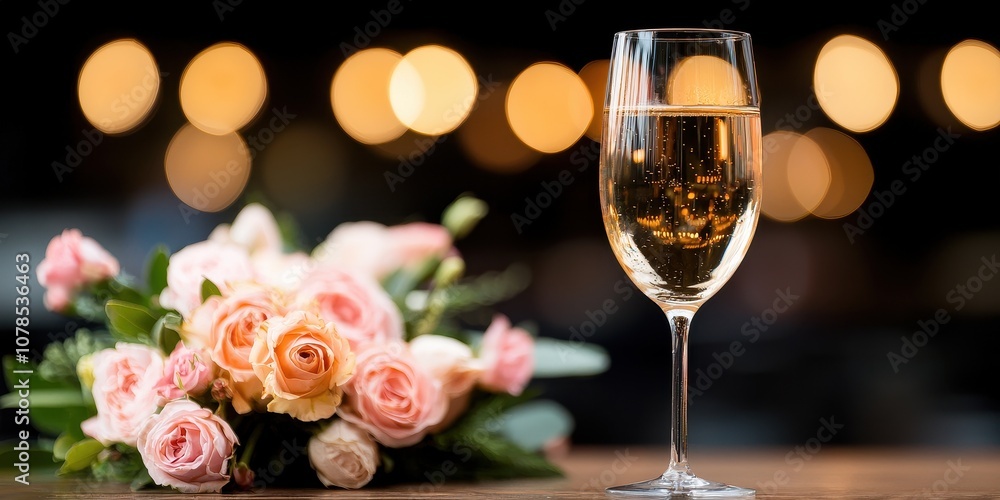 Elegant champagne glass beside a bouquet of pink roses on a beautifully decorated table. Elegant champagne glass beside a bouquet of pink roses on a beautifully decorated table.