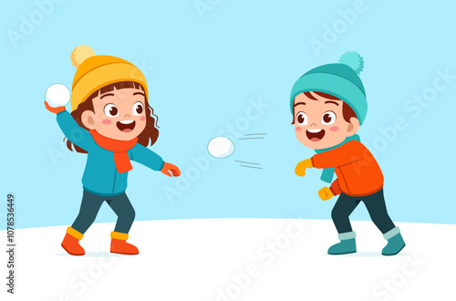 little kid play snow with friend and feel happy