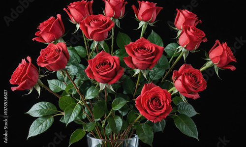 A dozen red roses in a vase against a black background
