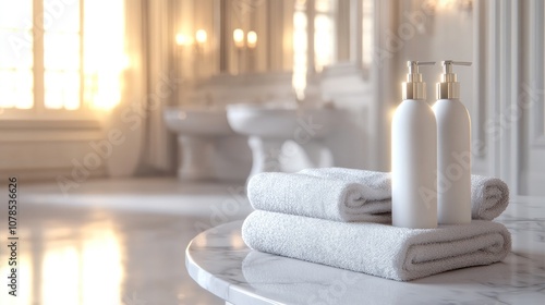 White towels, soap bottles, and a sink in a luxurious bathroom. photo