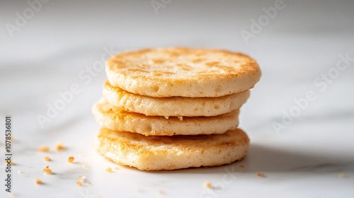 Stack of golden brown pancakes on a marble surface, crumbs scattered around. Delicious breakfast or snack.