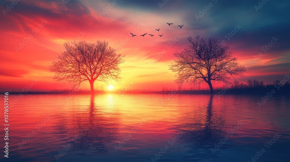 Obraz premium Silhouetted trees stand on a calm lake at sunset, with birds flying overhead. The water reflects the vibrant sky.