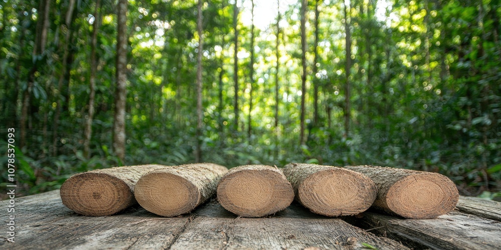 Four neatly stacked logs on a wooden surface surrounded by lush greenery in the forest. Four neatly stacked logs on a wooden surface surrounded by lush greenery in the forest.