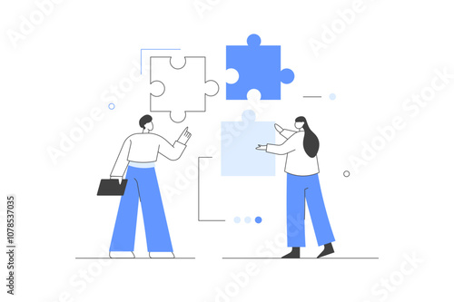 Creative characters and their business activity. People connecting puzzle pieces. Connecting pieces of a giant puzzle together. Flat Cartoon Vector Illustration, icon. Stylish, Minimalist Abstract