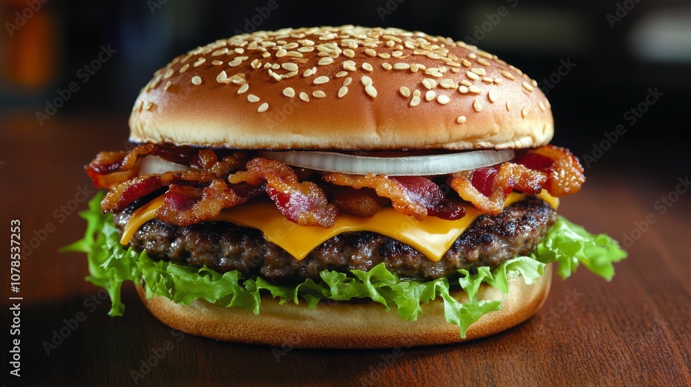 Delicious bacon cheeseburger with lettuce and onions served on a sesame seed bun Delicious bacon cheeseburger with lettuce and onions served on a sesame seed bun