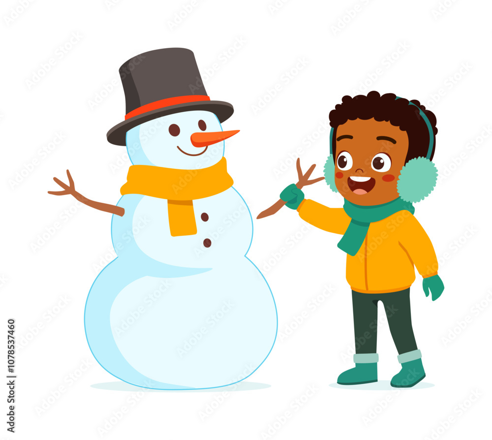 little kid build snowman and feel happy little kid build snowman and feel happy