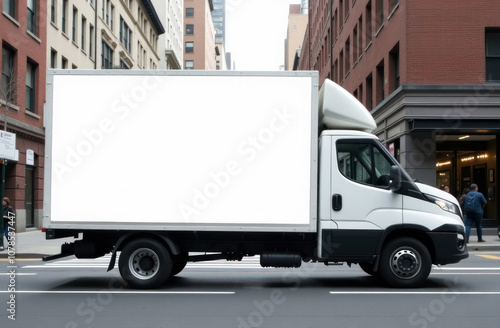 A delivery truck moves smoothly through a bustling city environment with tall buildings nearby.