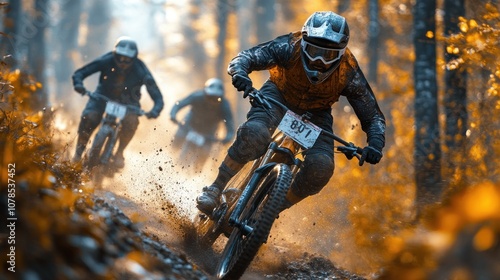 Mountain bikers racing through a forest trail in autumn scenery.