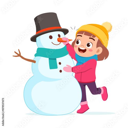 little kid build snowman and feel happy