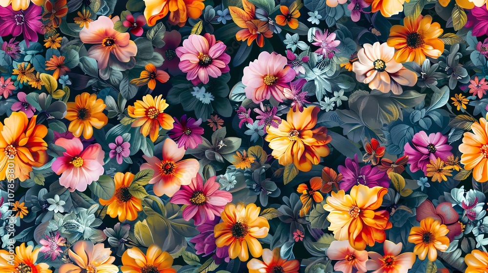 A seamless floral pattern featuring large flowers in pink, orange, and yellow with green leaves on a dark blue background. A seamless floral pattern featuring large flowers in pink, orange, and yellow with green leaves on a dark blue background.