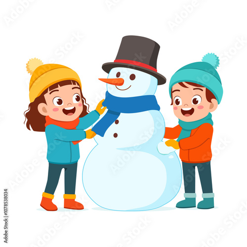 little kid build snowman with friend and feel happy
