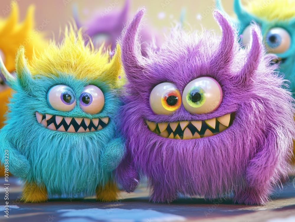 Obraz premium Explore the whimsical world of cute furry monsters in vibrant colors