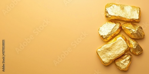 Shiny gold bars scattered on a smooth golden background.