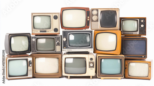 Vintage televisions stacked artistically indoors