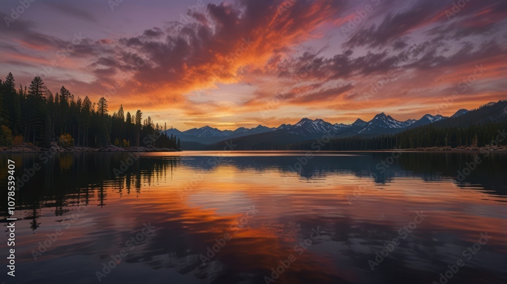 Vibrant sunset sky reflects on tranquil lake with a mountain range backdrop. Vibrant sunset sky reflects on tranquil lake with a mountain range backdrop.