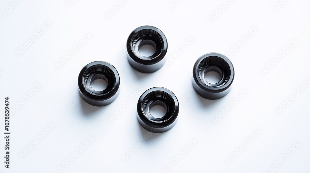 Industrial Precision: Close-Up of Four Glossy Black Cylindrical Parts on a Pristine White Backdrop Industrial Precision: Close-Up of Four Glossy Black Cylindrical Parts on a Pristine White Backdrop
