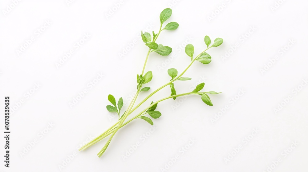 Obraz premium Fresh Green Leaves on White Background: A Minimalist Nature Photography of Plants and Flowers