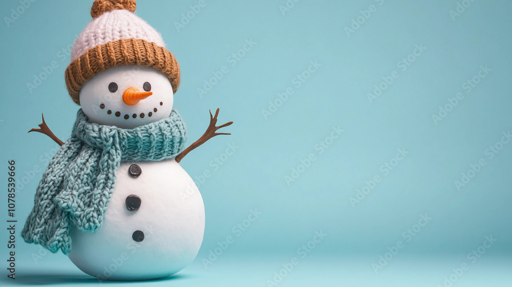 Cheerful snowman wearing a hat and scarf against a blue backdrop Cheerful snowman wearing a hat and scarf against a blue backdrop