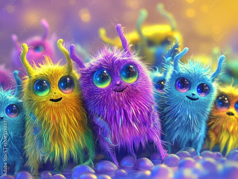 Naklejka premium Explore a whimsical realm filled with adorable furry monsters in high fidelity