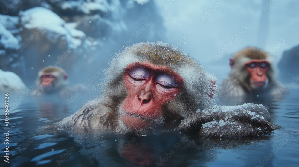 Fototapeta premium Experience the tranquil beauty of snow monkeys soaking in a hot spring at snow monkey park
