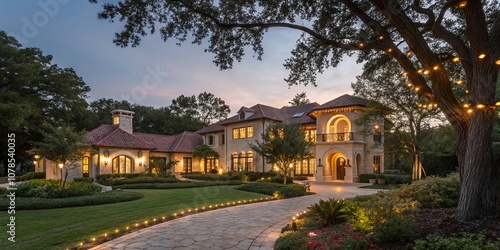 Luxurious Texas Mansion Surrounded by Lush Gardens and Enchanting Bokeh Lights, Perfect for Capturing the Grandeur of Southern Architecture in a Dreamy Atmosphere